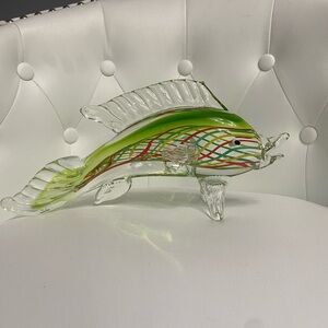 Large Mouth Blown Glass Dolphin/Porpoise W/Colorful Filigree/Cane Pulls Fish
